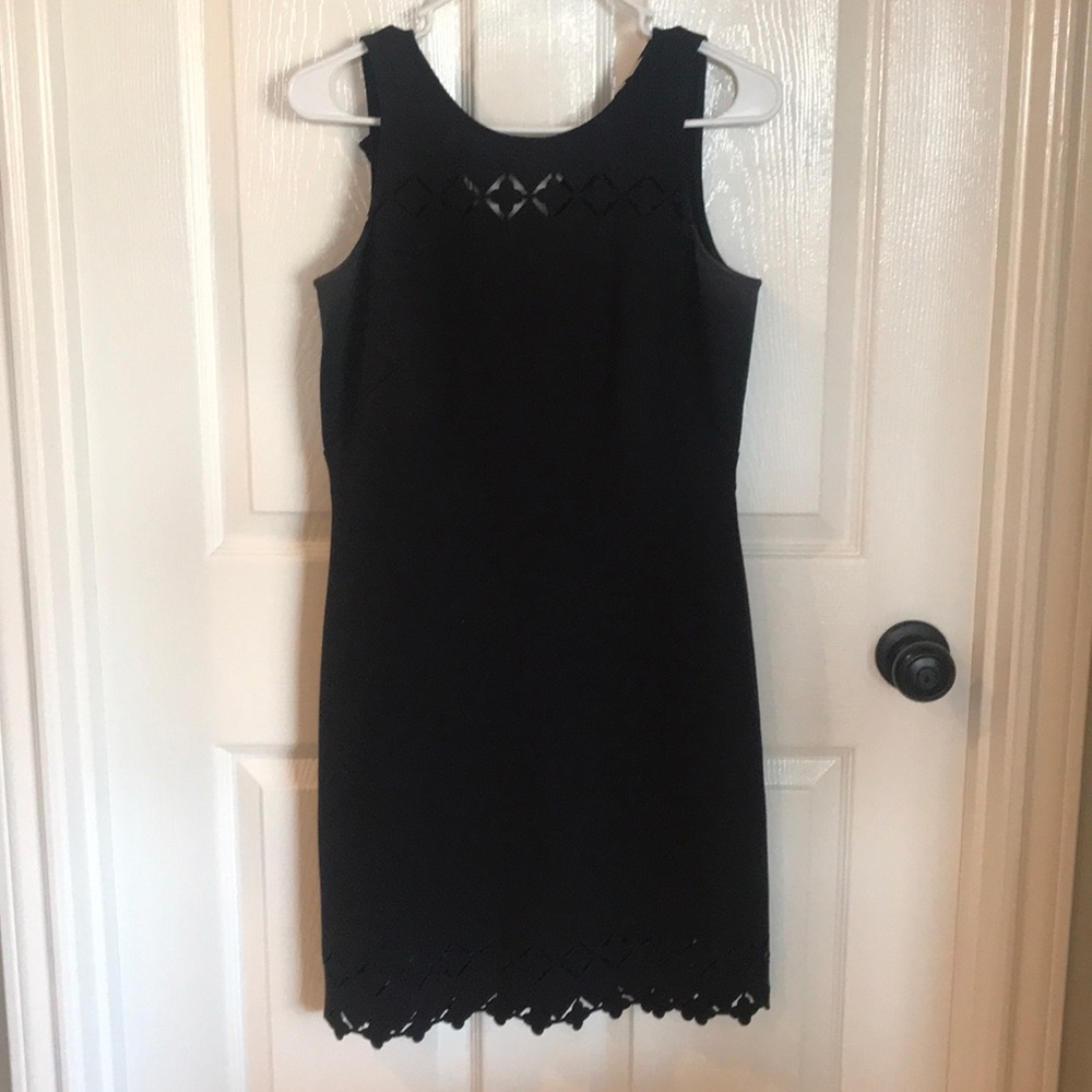 LOFT petite, laser cut, black dress